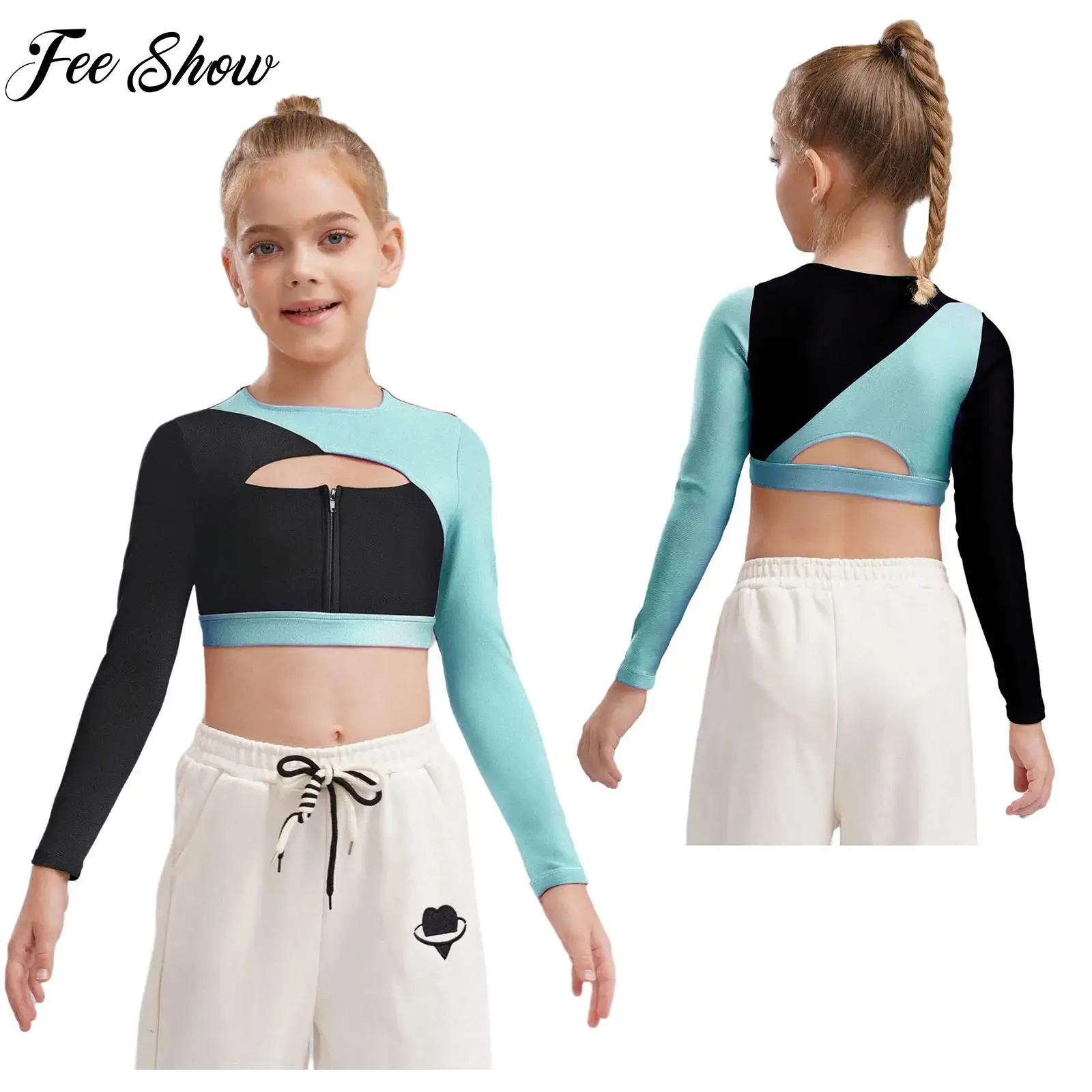

New Style Kids Girls Sports Tops Yoga Tops Workout Running Cycling Costumes Breathable Long Sleeve Front Color Block Crop Top