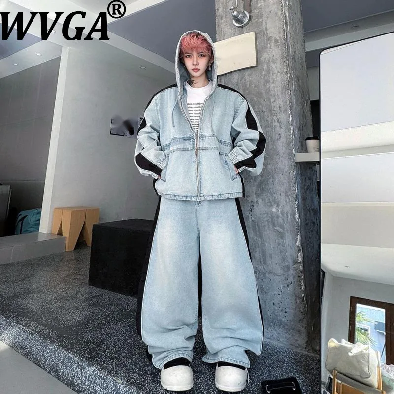 WVGA 2026 Spring New Men Solid Color Hooded Color Block Trendy Denim Jacket Niche Chic Casual Wide-Leg Jeans 2 Pieces Set W18882