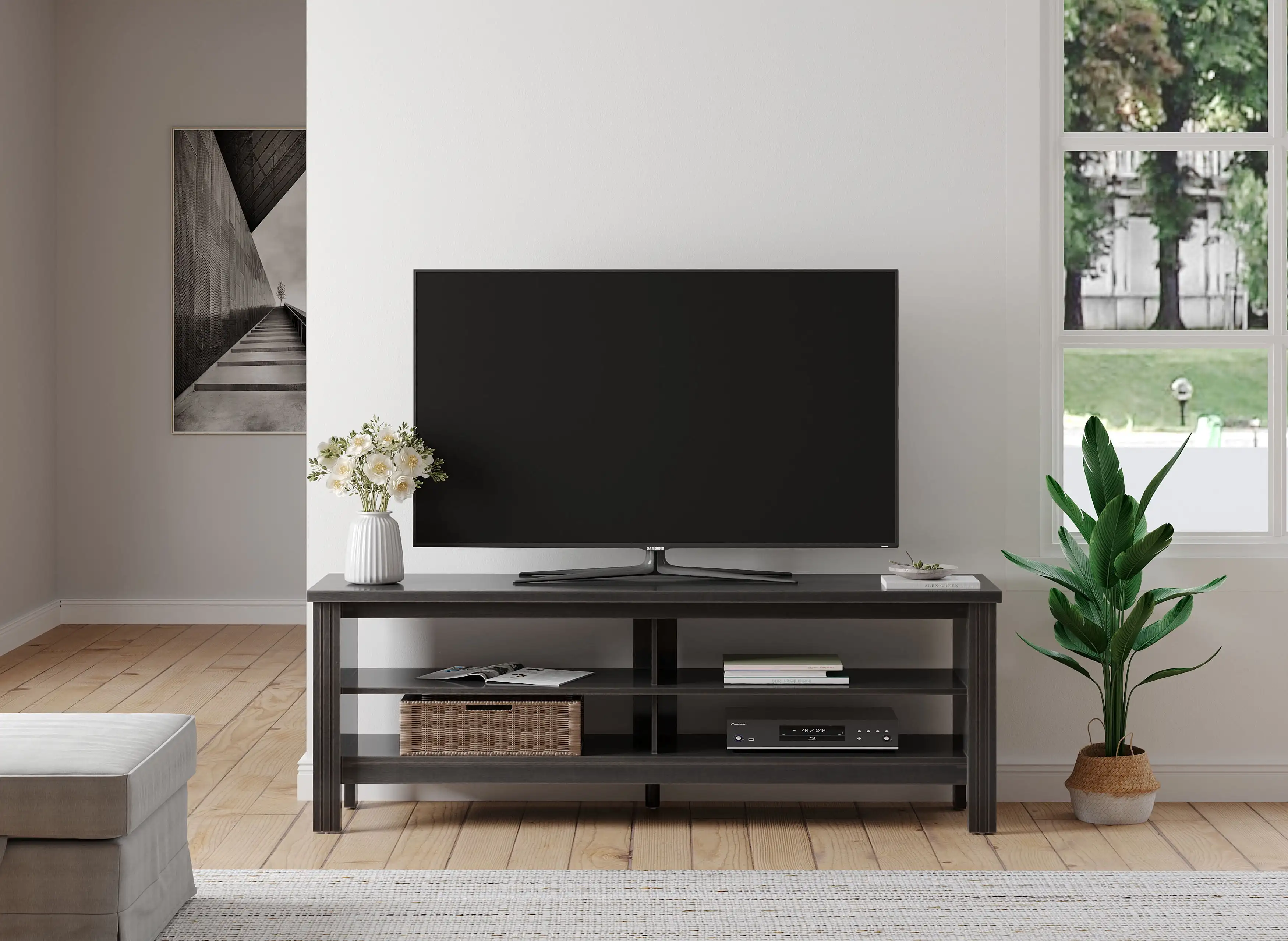 Farmhouse TV Stand for 65 Inch TV, Black Wood TV Cabinet for 55-60 inch TV with 4 Cubby for Living Room Bedroom