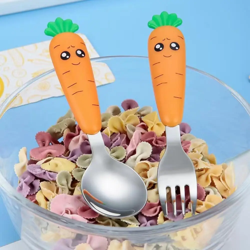 Creative cartoon carrot children's cutlery, food grade stainless steel, short handle children's fruit fork spoon cutlery