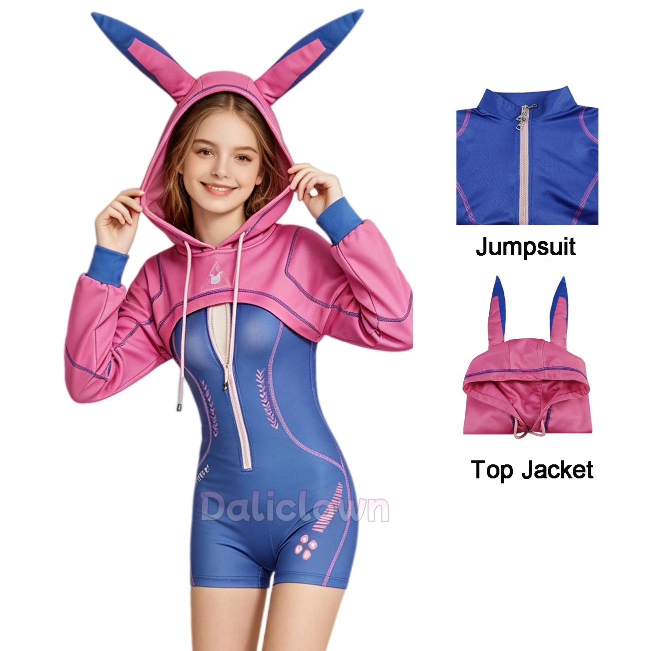 Dva Derivative Sexy Tight Sportswear Cyber Rabbit Bodysuit Hooded Jacket Neon Cyberpunk Cosplay Bunny Costume For Women Girls