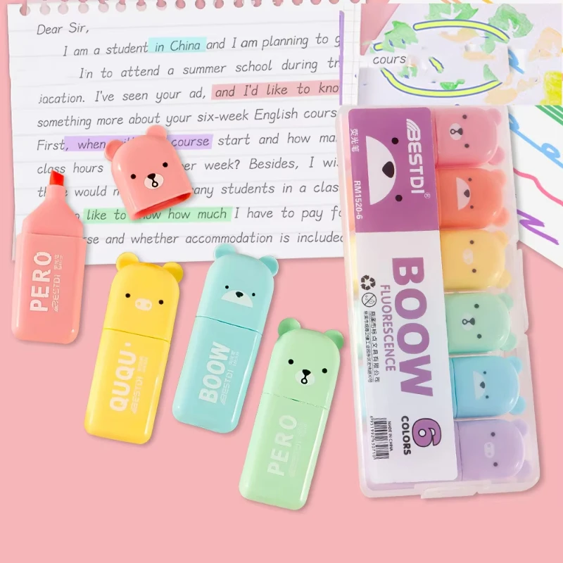 

4-12 Colors Cute Bear Mini Highlighter Pens, Kawaii Pastel Fluorescent Markers Portable School Study Stationery Supplies