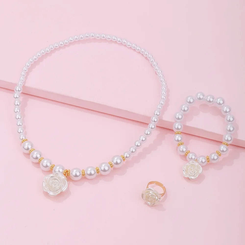 3pcs Set Temperament Pearl Beaded White Camellia Flower Necklace Bracelet Ring for Women Girls Luxury Children Jewelry Set Gift