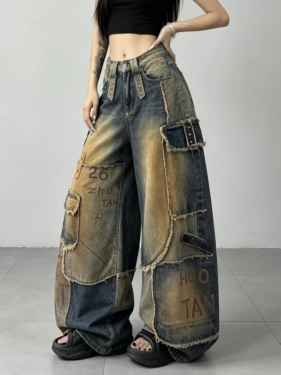 Retro Hand-Painted Graffiti Workwear Jeans High Waist Loose Leg Summer Casual Women's Denim Pants High Street Style Floor-Length