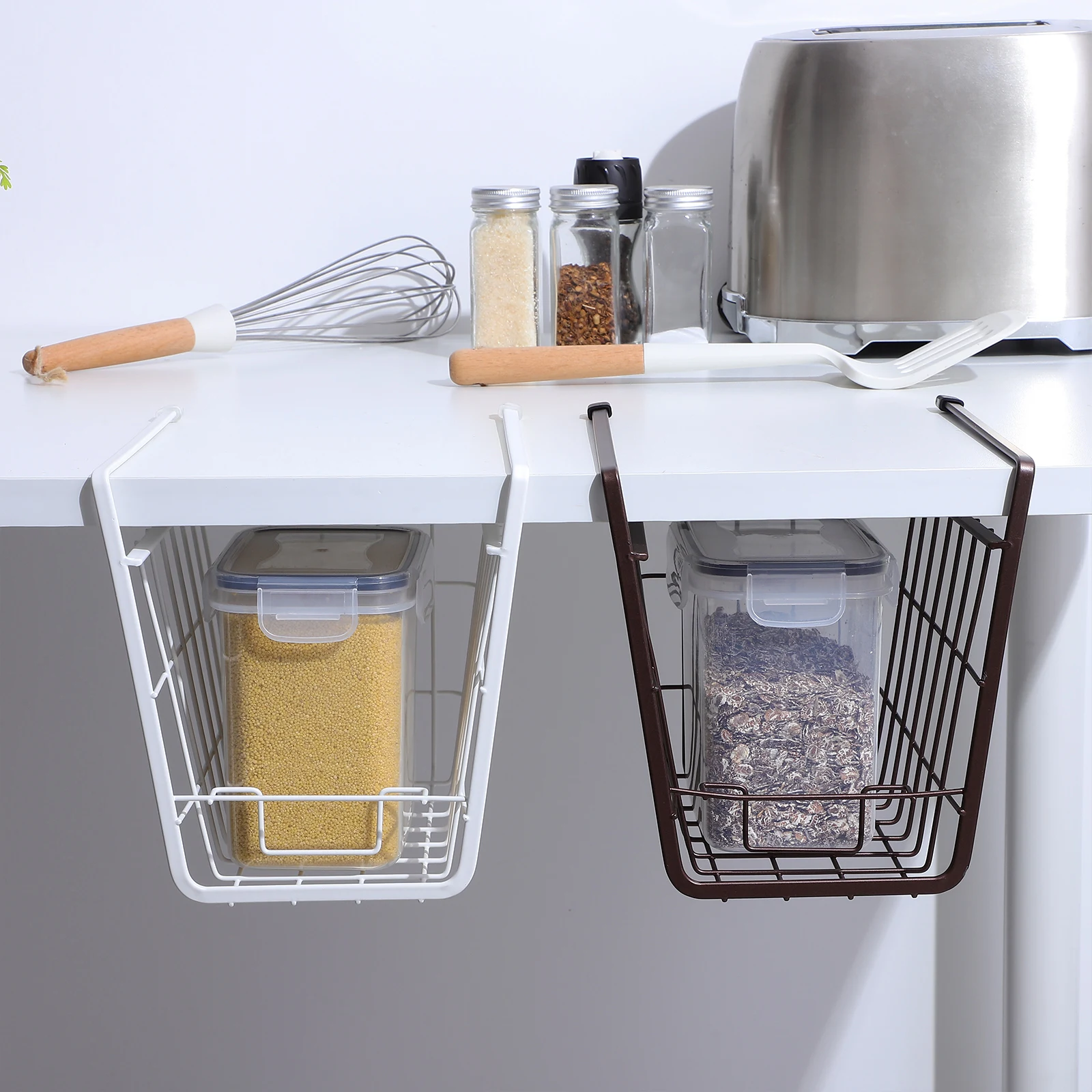 

2 pcs Storage Basket Iron Wire Organizer for Kitchen Wardrobe Under Shelf Hanging Baskets Double Hook Anti Rust Durability