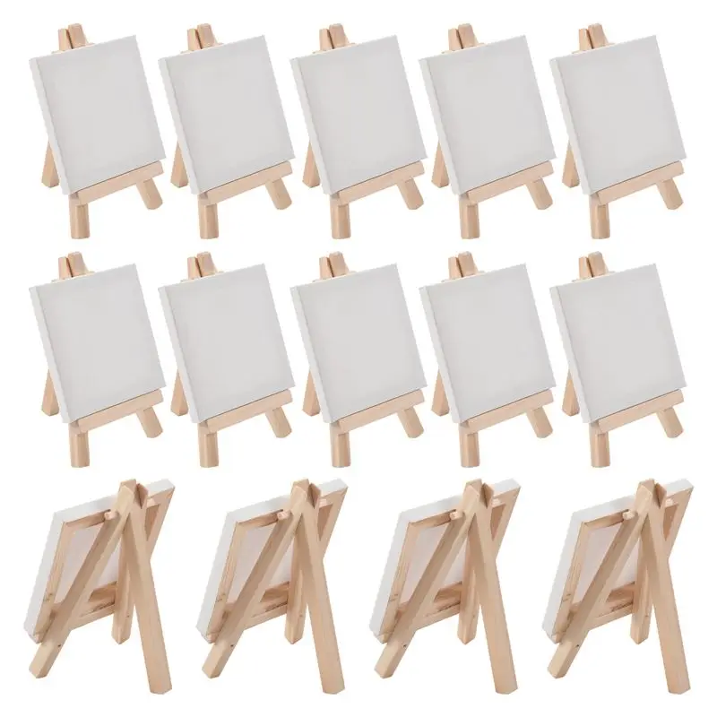 Stylish-14Pcs Mini Canvas And Easel Brush Set, Canvas 4X4 Inch, Pre-Stretched Canvas, Mini Painting Kit, Kids Painting Party