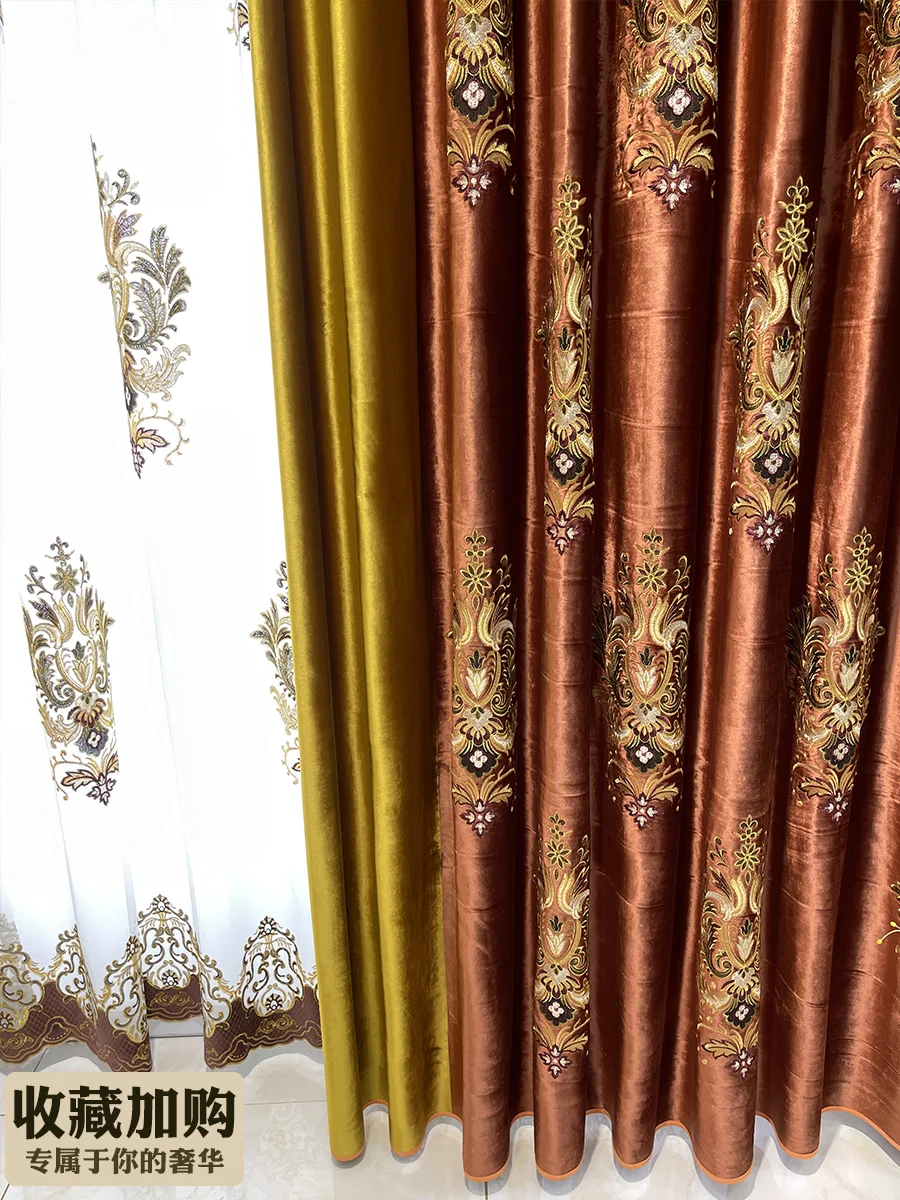 

European red French velvet embroidered thick shade livingroom valance curtain tulle M1576