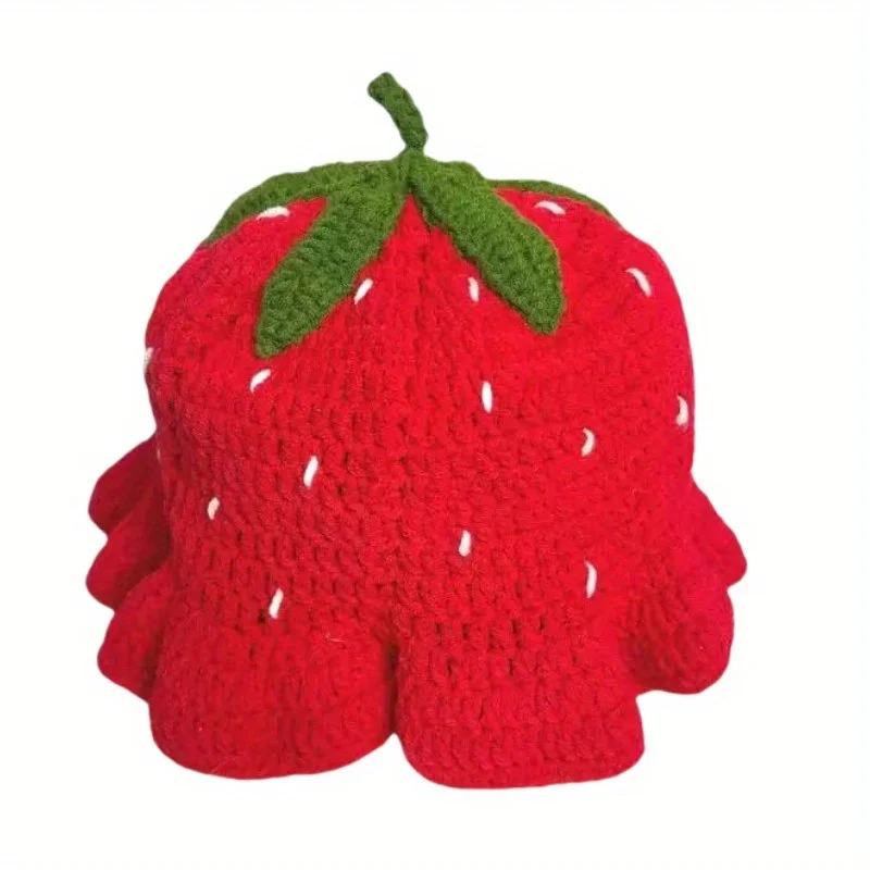 Fashionable Simple and Elegant Handmade Crochet Red Strawberry Hat Sweet and Cute Autumn and Winter Face Enhancing Little Fisher