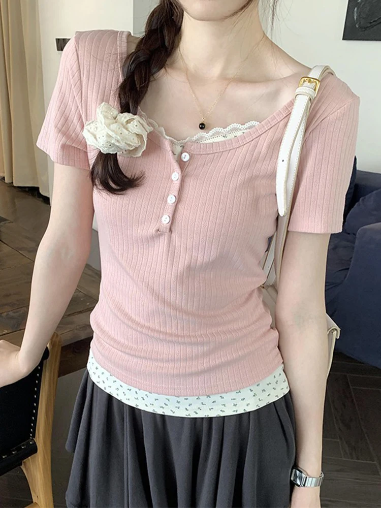 Floral Patchwork Langarm T-shirt Falsche Zwei-stück Spitze Frauen Top 2025, Frühling Abnehmen T-shirt Mode Koreanischen Stil Kleidung – Detail 20