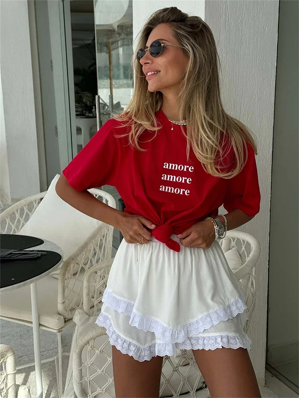 Camiseta roja con estampado de Amore Amore para mujer, camiseta de diseño Simple, camiseta de moda de verano, manga caída Boutique