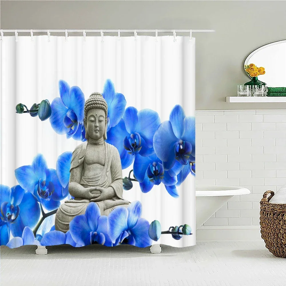 Chinese style Buddha Flower Floral Printed Shower Curtains Frabic Waterproof Polyester Bath Curtain With Hooks 180x180cm