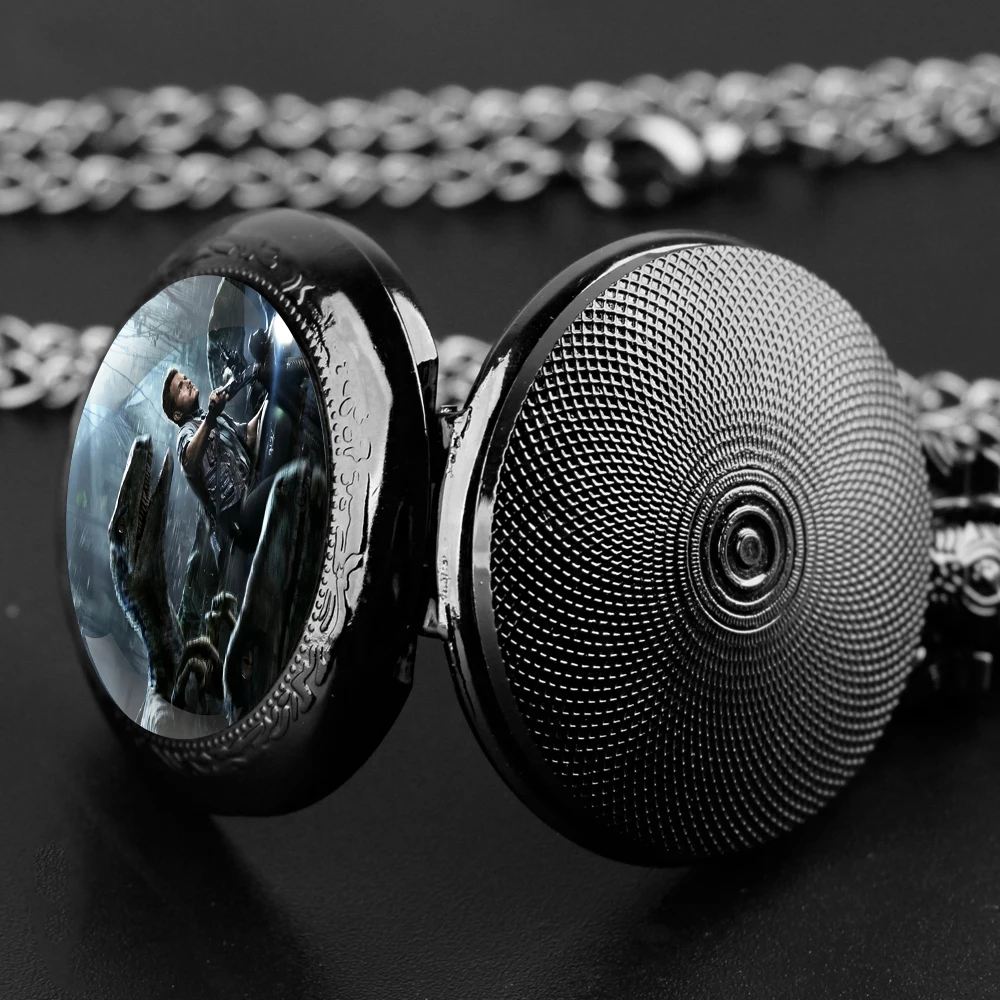 Dino-Themed World Glass Dome Quartz Pocket Watch: Boasting a Durable Chain and Arabic Numeral Face Top Halloween Gifts for Men
