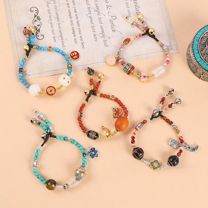 

New Chinese Style Retro Beaded Bracelets for Women Turquoise Bell Vintage Charm Design Tibetan Ethnic Woven Chain Accessories