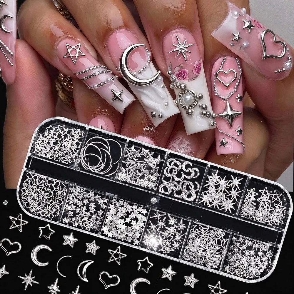 12Grids 3D Silver Rivet Studs Moon Star Starlight Nail Charms Metal Hollow Star Heart Nail Slices 3D Flat Back Alloy Nail Decor