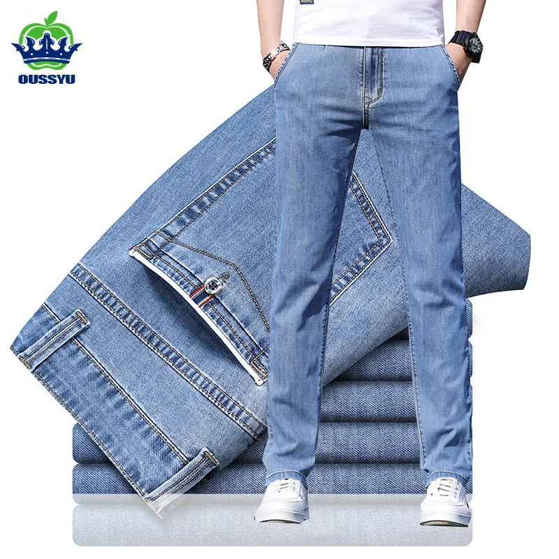 Calça jeans masculina clássica azul clara, calça casual de algodão para negócios, 28 a 38, estilo clássico para homens, 2021