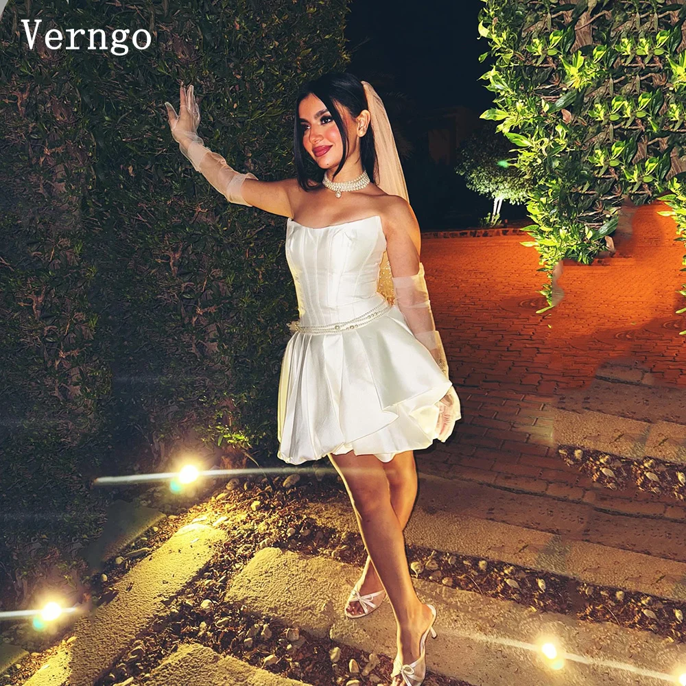 

Verngo Satin Mini Wedding Dress Strapless A Line Ball Bridal Gowns Women Elegant Prom Bridae Dresses Customized