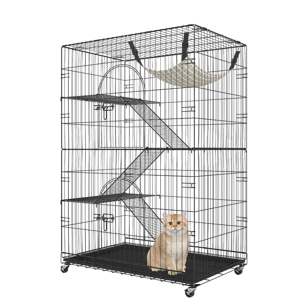 

4-Tier Large Cat Cages Indoor, Detachable Metal Playpen Enclosure with 360 Rotating Casters, with 3 Ladders and a Hammock