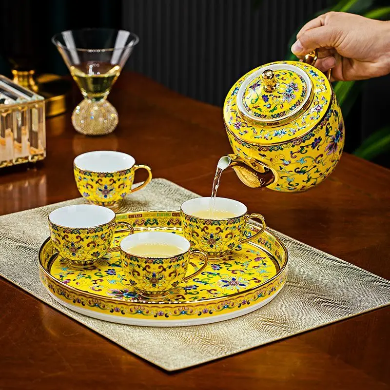 Enamel color tea set set household living room high-end light luxury teapot teacup tea tray