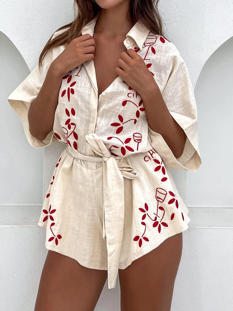 Women Graphic Shorts Romper Short Sleeve Buttons Jumpsuit Boho Floral Loose Fit Belted Playsuit Summer Beachwear