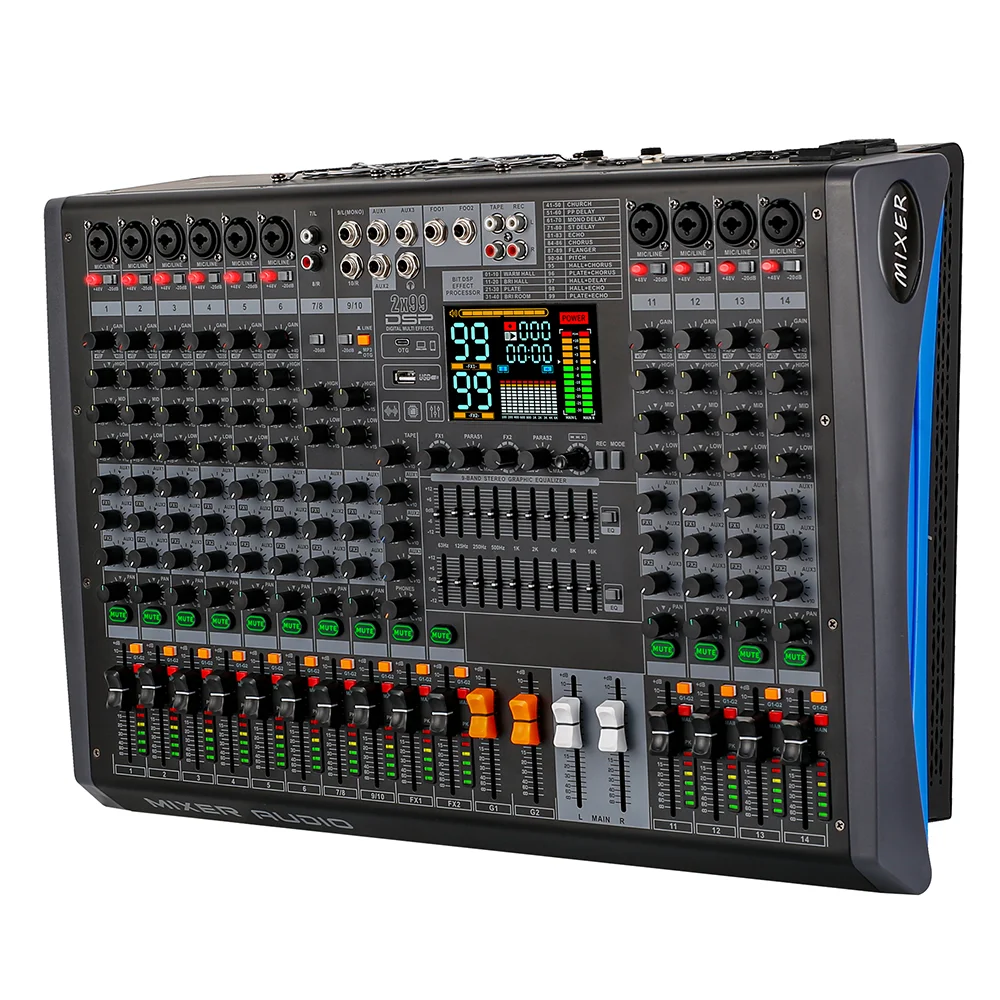 Professional 14-Channel Powered Audio Mixer Console 2x350W Dual 99 DSP Effects BT 5.0 OTG RGB for Stage DJ KTV Live Streaming