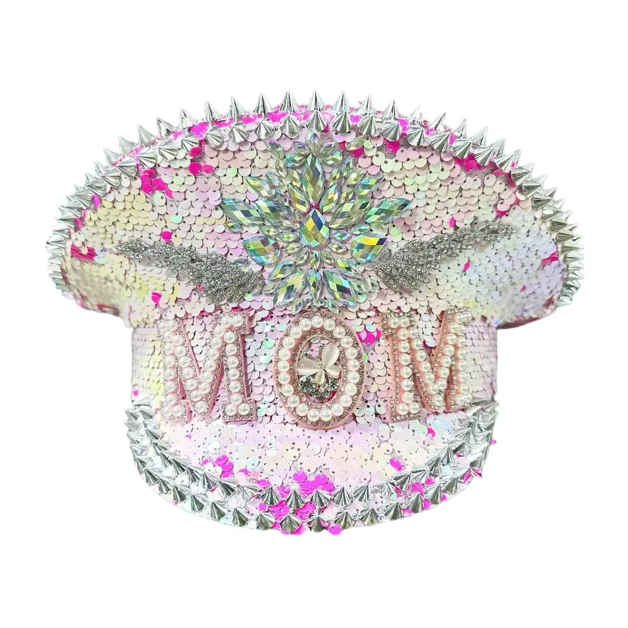 HongLuan Gelber Laser-Leder-Loop-Kapitänshut mit Strasssteinen und Militärkappen für Damen, Rave-Festivals-Accessoires und Partymütze für Herren