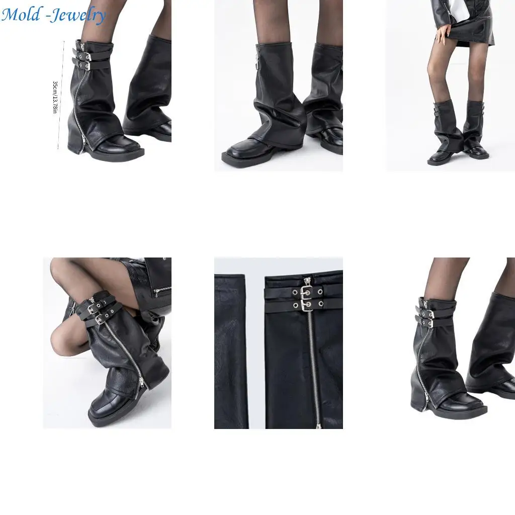 

69HB Black PU Leather Leg Sleeves with Eyelet Straps and Zippered for Women Harajuku Y2K Goth Punk Leg Warmers Flared Socks