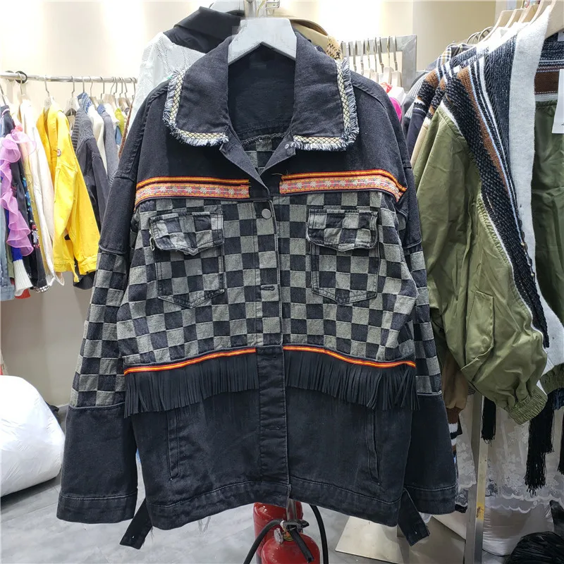 Harajuku Vintage Etnische Stijl Omzoomd Stiksels Vrouwen Denim Jas Blauw Zwart Herfst Casual Lange Mouw Revers Jeans Jas Vrouwelijke