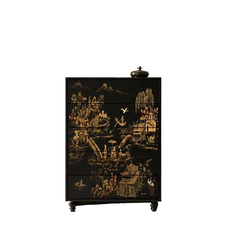New Chinese hand-painted landscape five-drawer cabinet birch solid wood moisture-proof living room independent cabinet