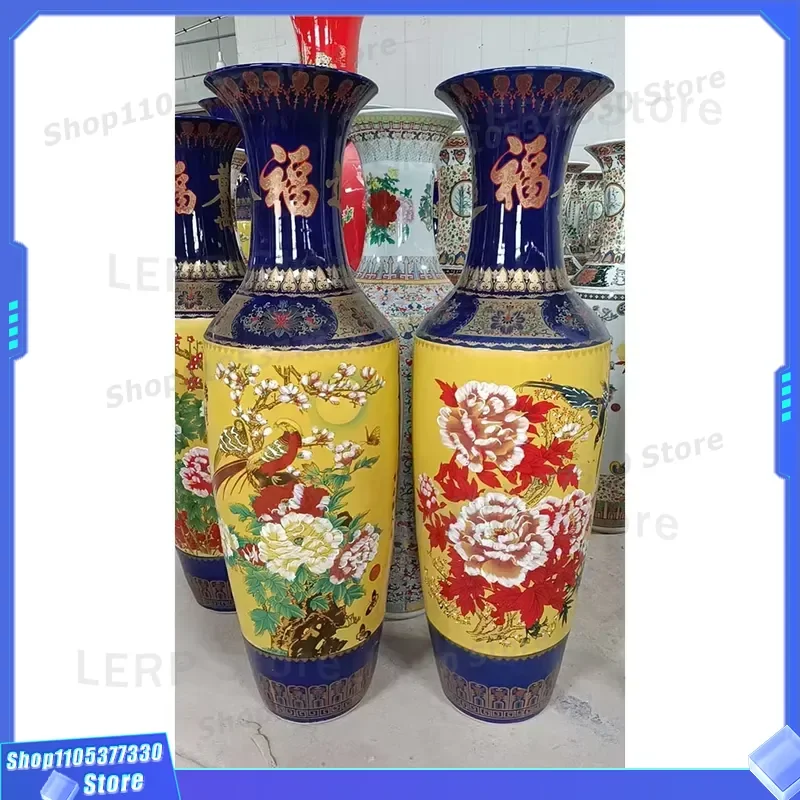 1m Tall Jingdezhen Ceramic Floor Vase Dark Blue Handmade Bird Flower Pattern Large Home Decor Piece for Living Room Interior