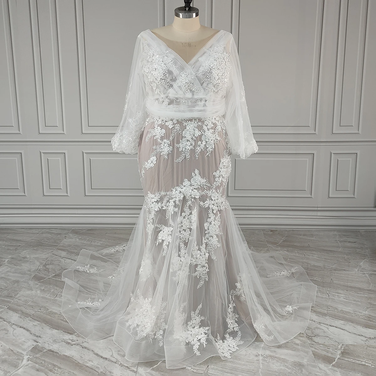 Mermaid Sexy Beading Lace Wedding Dress with Removable Beloro Customized Plus Size Appliques Luxury Long Sleeves Bridal Gowns