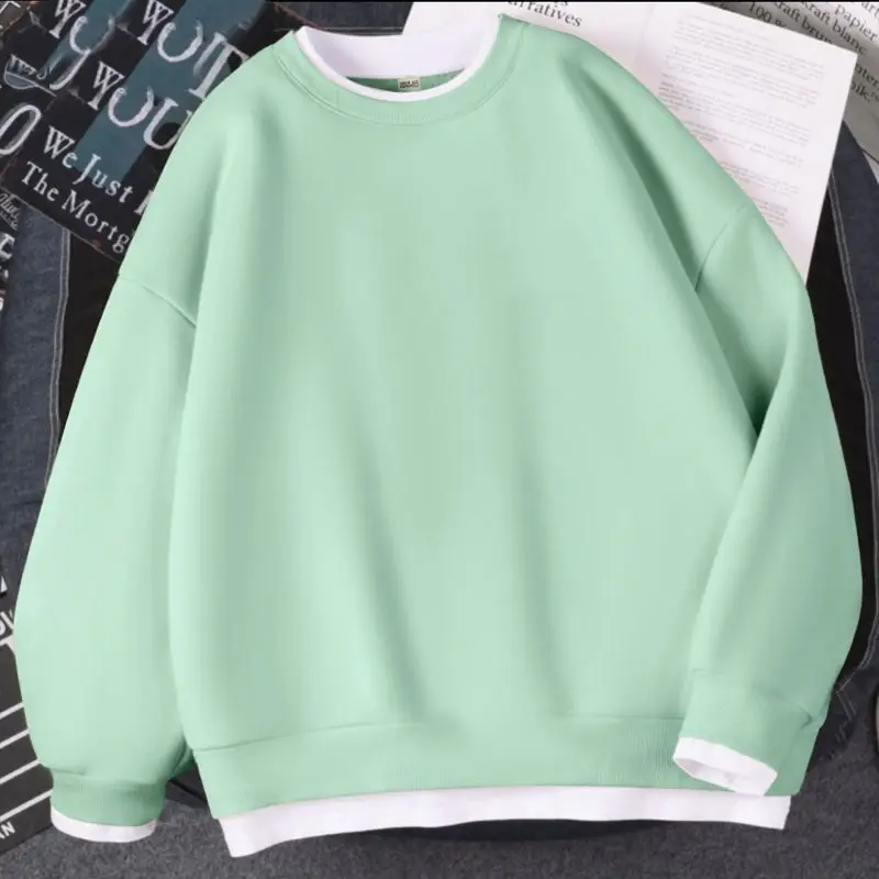 2024 Autumn Women\'s New Spliced Pullover O-Neck Fashion Solid Color Loose Minimalist Versatile Casual Long Sleeve Sweatshirts