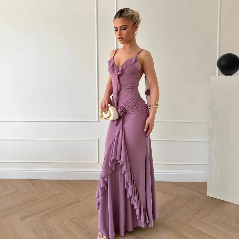 パープルホローアウトリボンイブニングドレス エレガントローカットバックレスラッフルホルタードレス レディースラップヒップ立体花柄ドレス