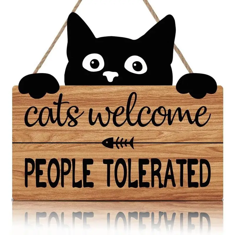 Cute Wooden Cats Welcome People Tolerated Wall Sign Black Cat Wall Decor Sign Funny Wooden Pendant For Cat Lovers Home Supplies