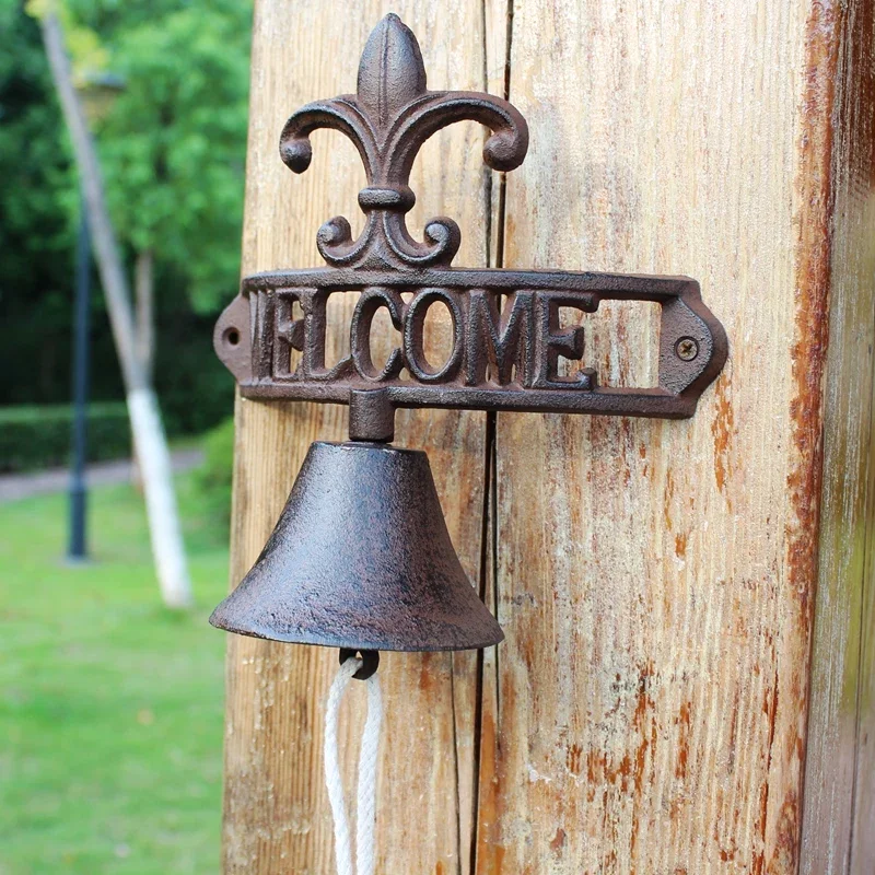 Rustic Fleur De Lis Cast Iron Wall Bell With Welcome Signs Plaques Farm House Heavy Metal Wall Mounted Hand Cranking Door Bell