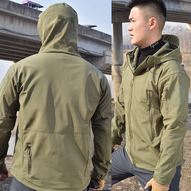 

Winter Thicken Jacket Men Camo Fleece Soft Jackets Waterproof Tactical Training Multi-pocket Hood Jacket Outdoor Hunting Clothes