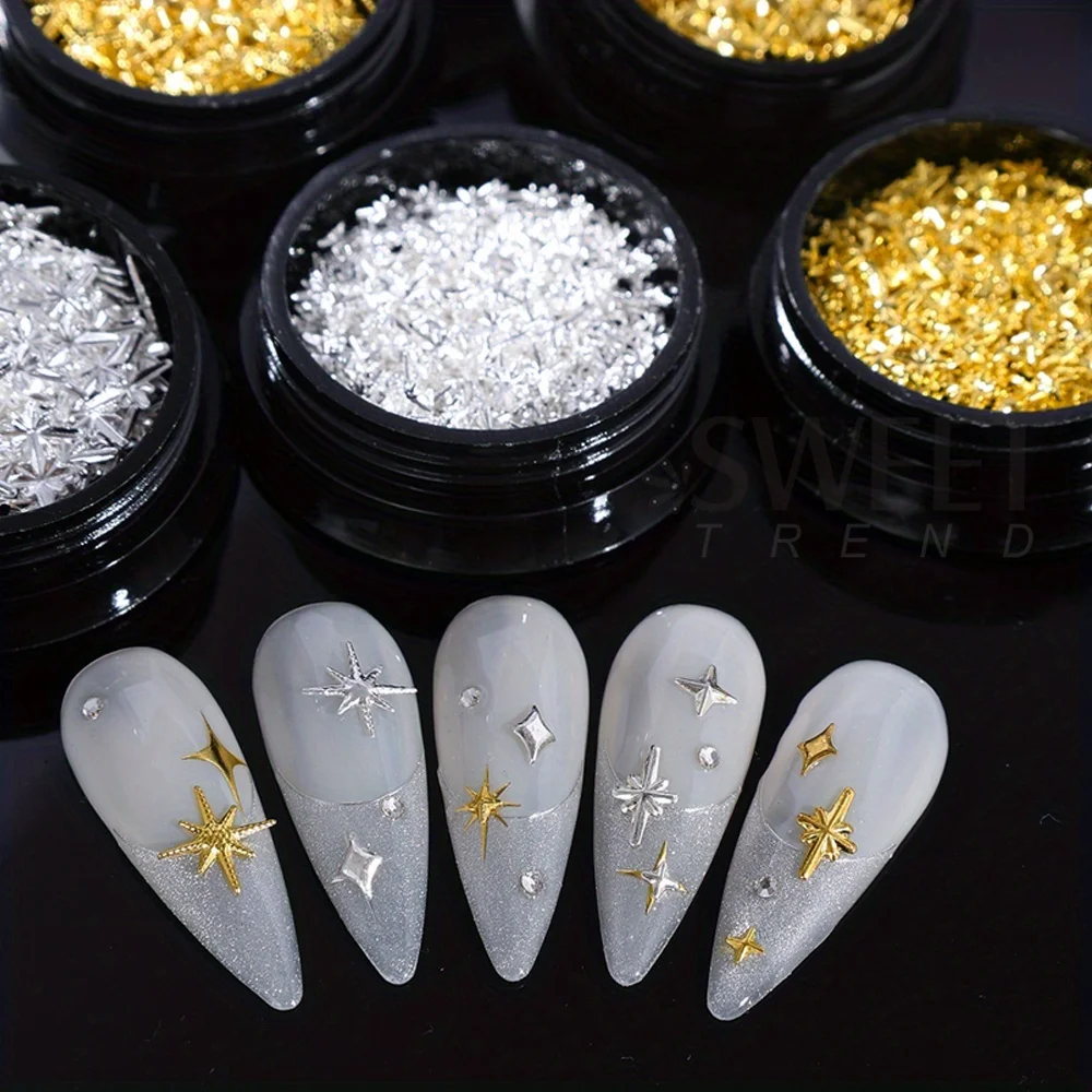 6 ボックス/セット 3D スターネイルアートチャームゴールドシルバー Y2K 合金フラットバックスターネイルジュエリーパンクデザインネイルアート装飾アクセサリー