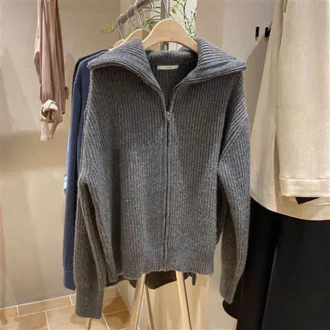 Cardigans Women Baggy 6 Colors Ulzzang Solid Zip Simple Designed Students Sweet Warm Knitted Harajuku Lapel BF Popular All-match