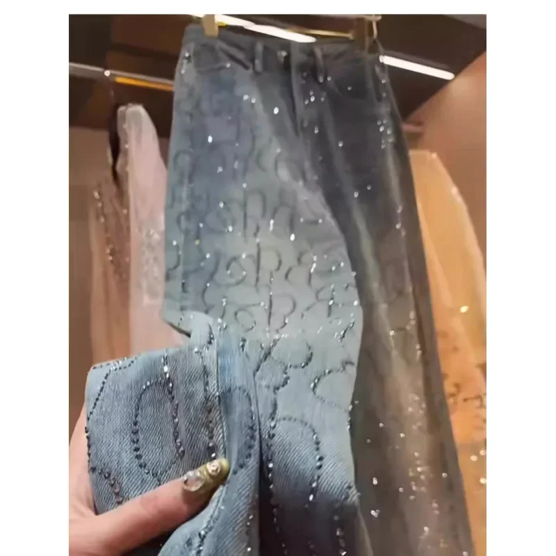 Jeans Frauen Denim Breite Bein Hosen Diamanten Hohe Taille Taschen Bodenlangen Distressed Gewaschen Gerade Hosen Streetwear