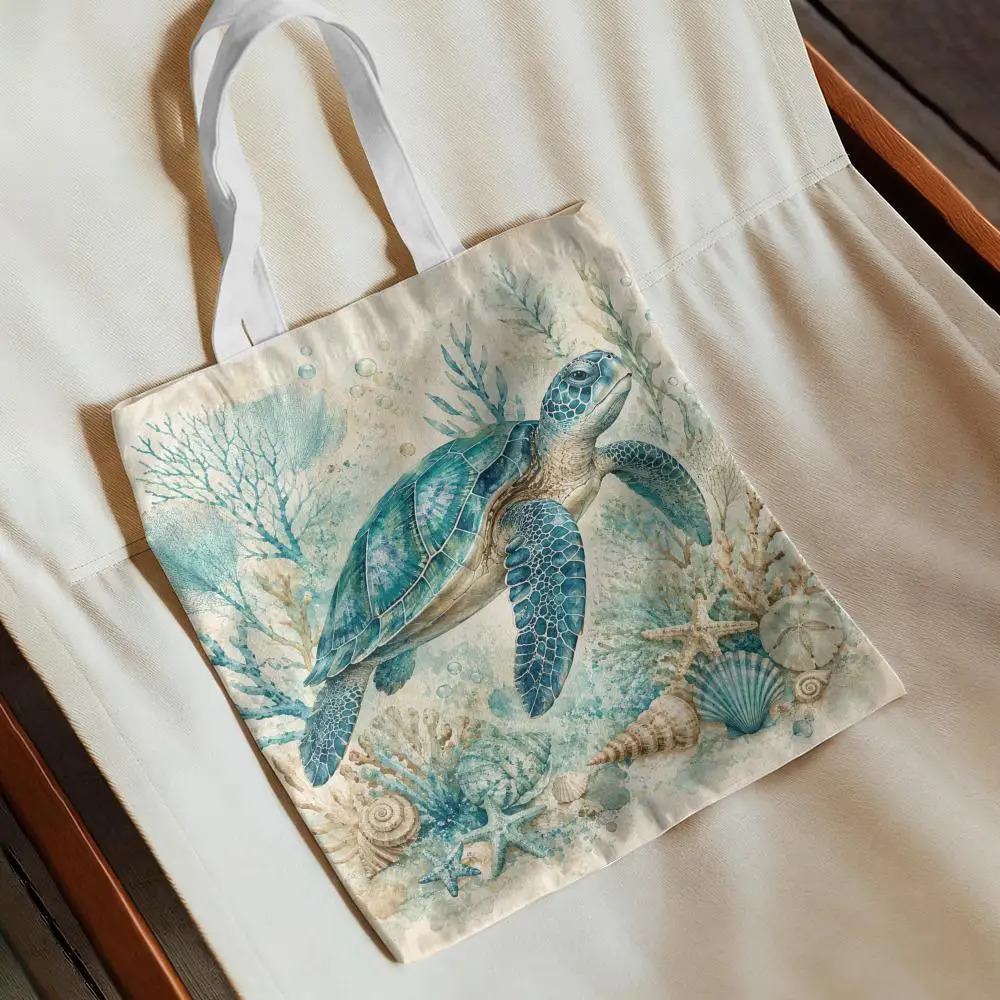 Retro marine creatures Storage Bags Canvas Beach Bag Large Capacity Durable Shoulder Handbag Daily Shopping Travel Bag