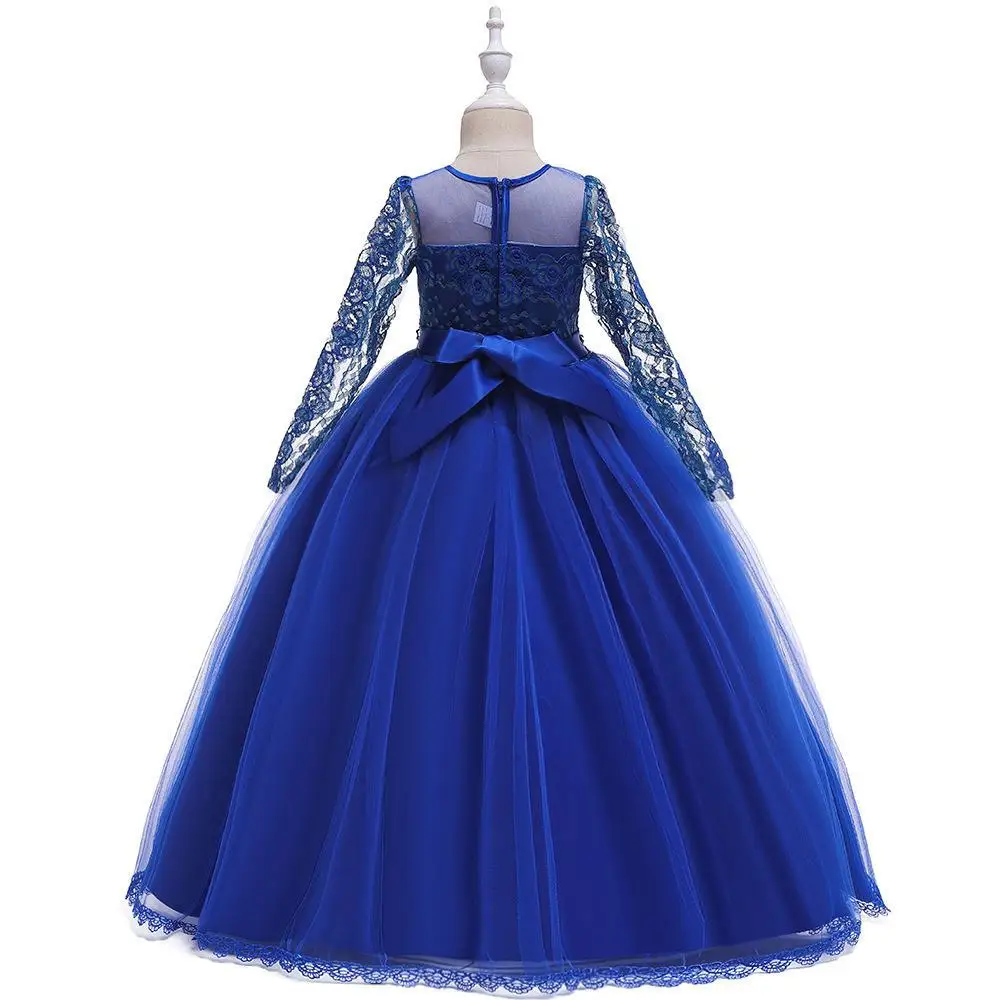 Elegant Bridemaid Girl Party Dresses Wedding Costume Bow Lace Flower Princess Dress for Kids Baptism Pageant Prom Gown