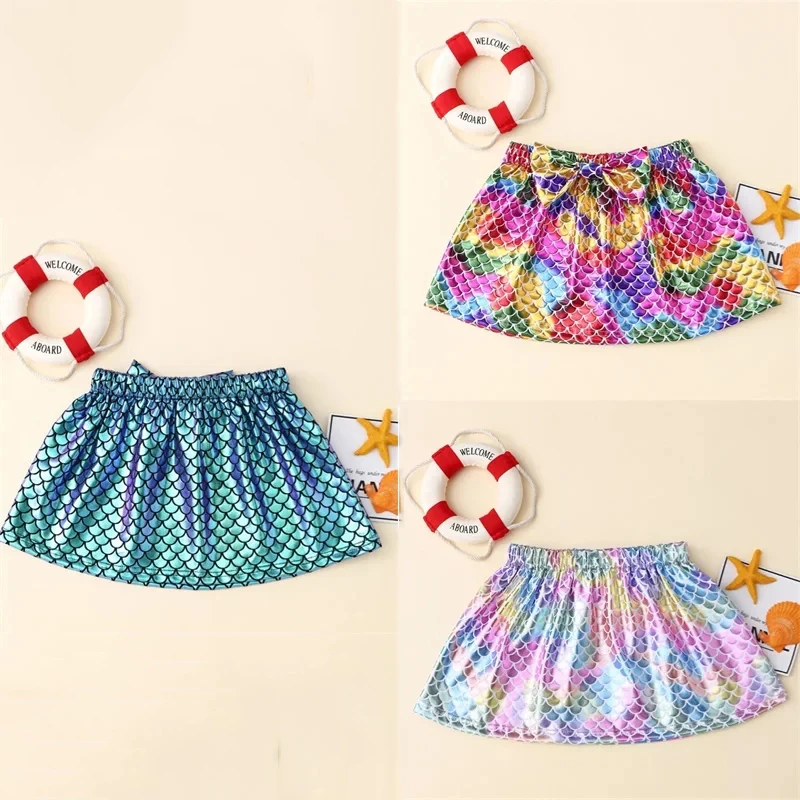 Fish Scale Skirt Large Bow A-line Skirt Fish Scale Skirt Rainbow Skirt Tutu Skirt Preschool Children\'s Bow Knot Colored Skirt