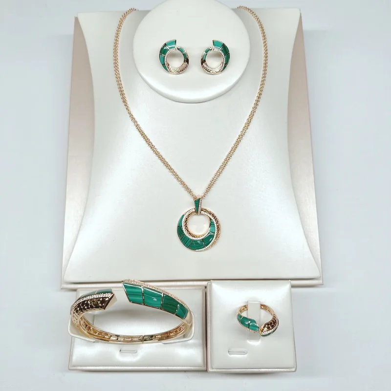 

Модный стиль, кольцо-гвоздик, серьги, браслет, ожерелье, женские женские инкрустации, кубический циркон, перламутр, малахит, вечерние комплекты ювелирных изделий