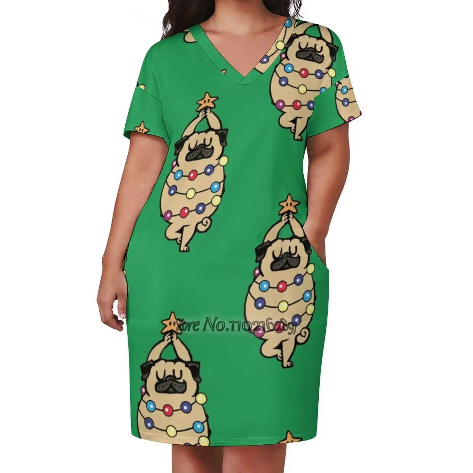 Pug Merry Christmas V-Neck Short Sleeve Skirt Korean Kawaii Skirts Party Dresses Merry Christmas Pug Yoga Tree Pose Skirt Dress