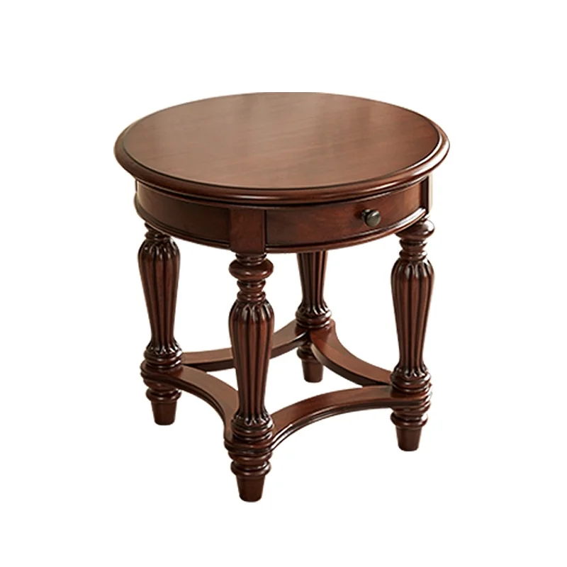 #New Arrival American Neoclassical Country Gold-Threaded Teak Solid Wood Coffee Table Two-Tier Drawers Rounded Edges for Living