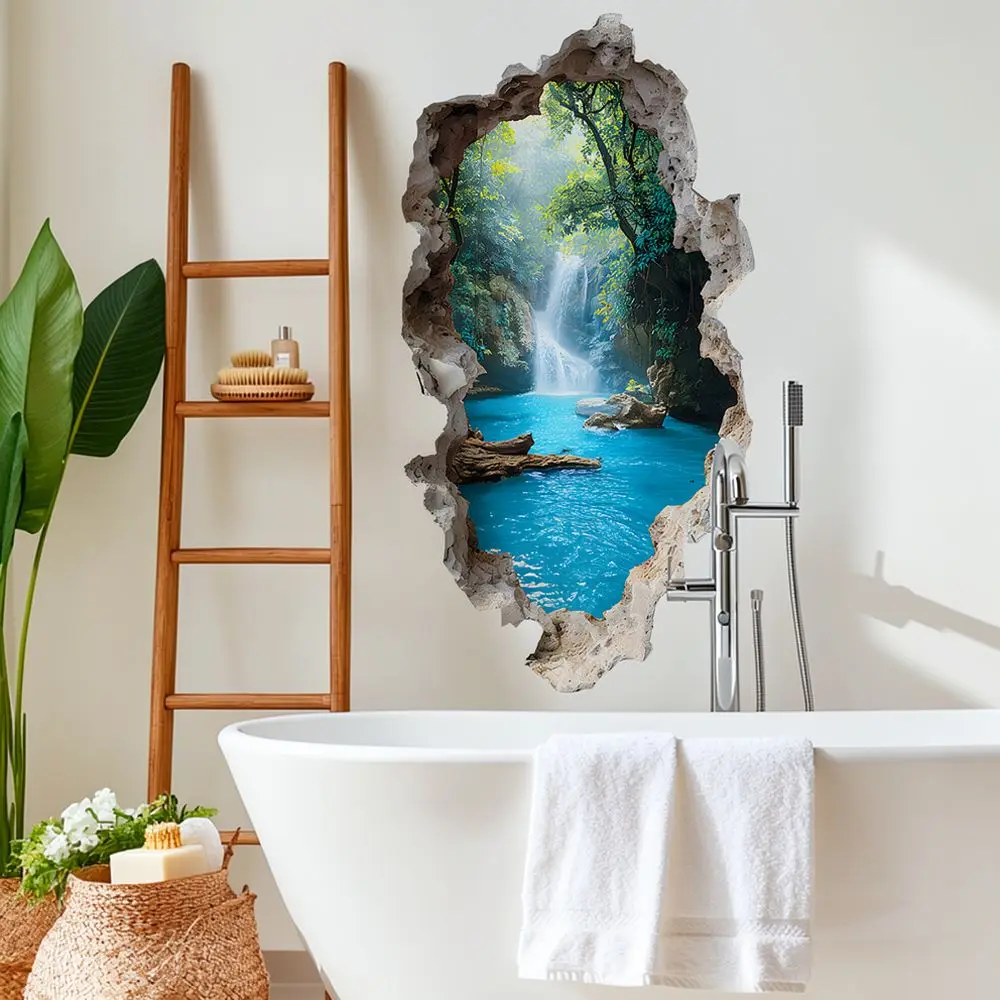 3D Waterfall Cave Wall Sticker Waterproof PVC Decal Bathroom Aesthetic Decoration Modern Nature Landscape Mural Wallpaper