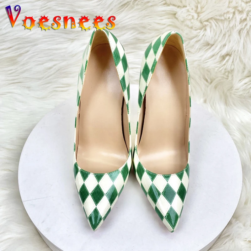 Voesnees Everyday Casual Single Shoes Women\'s Rhombus Pattern Color Matching High Heels Office Fashion Design Girls Pumps 12CM