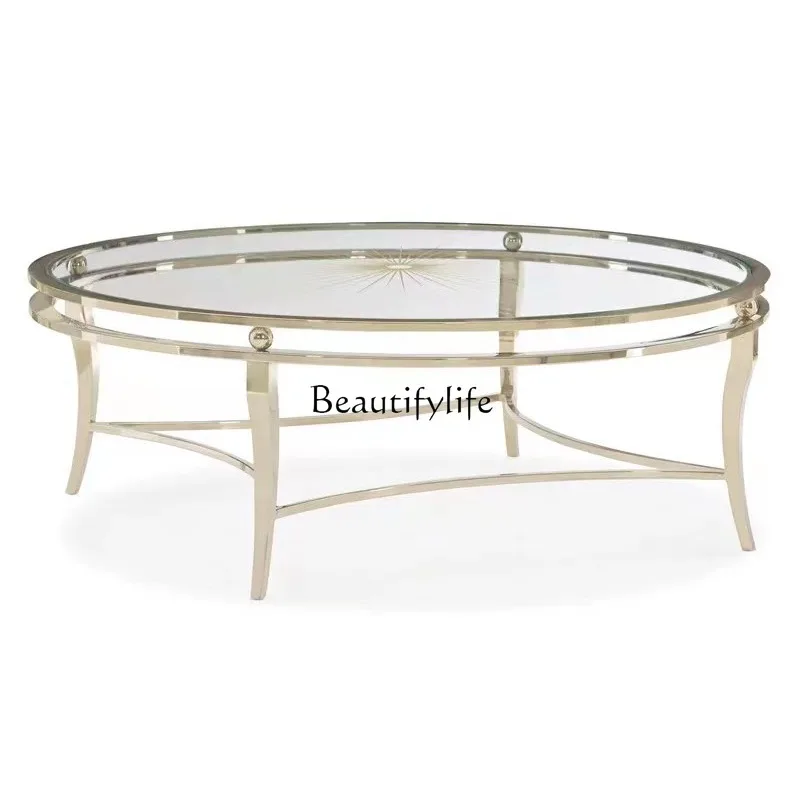 

*American light luxury living room round coffee table combination small apartment glass edge table