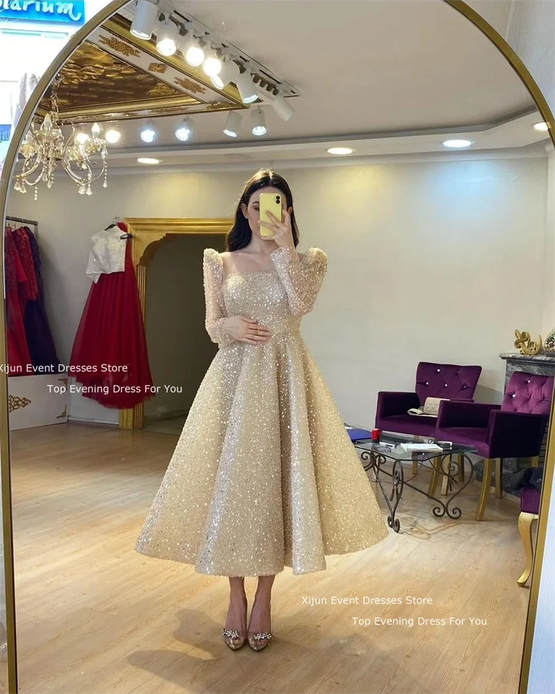 Xijun Glitter Wedding Dress Sequined Short Long Sleeves Bridal Gowns Prom Dresses 2024 Saudi Arabric Wedding Party Dress Luxury