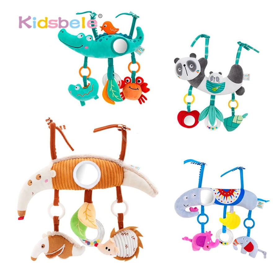Jouet suspendu en peluche animal mignon pour berceau et poussette – Hochet doux, anneau de dentition et miroir, jouet sensoriel d'apprentissage précoce