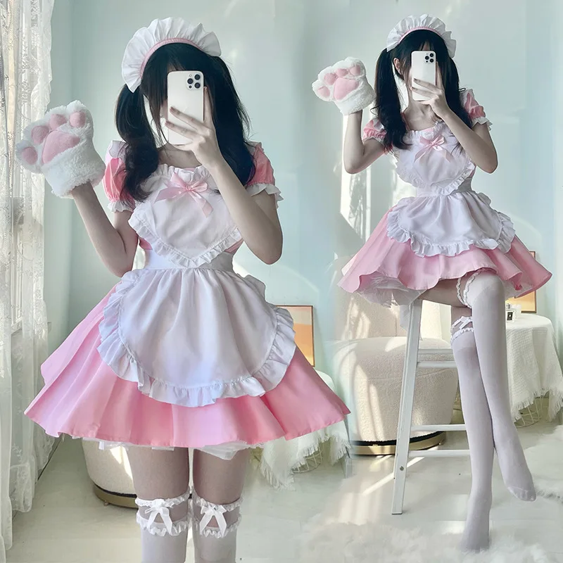 Vestido de sirvienta japonesa rosa y azul, bonito vestido de sirvienta Lolita suave para hermana, vestido de puro deseo